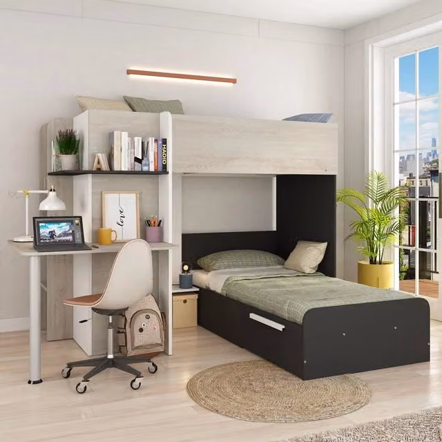 Letto a castello per bambini con scrivania e cassetti, colore bianco e antracite, H: 215 cm x L: 194 cm x P: 160 cm