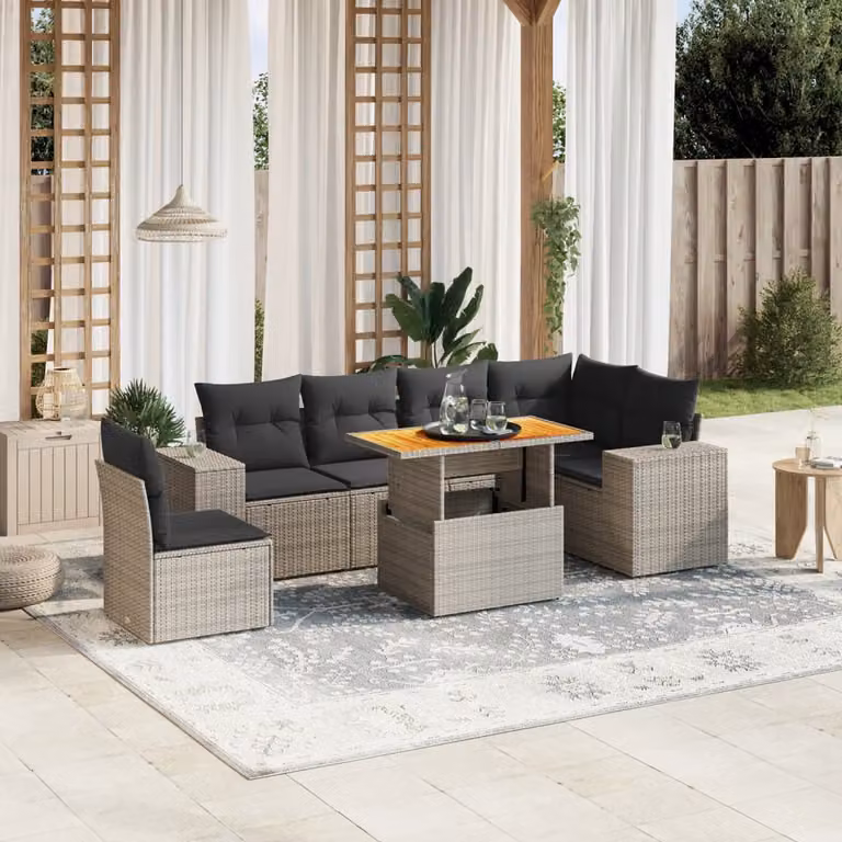 Set di divani da giardino vidaXL in polyrattan grigio con cuscini, componibile a forma di L per esterno