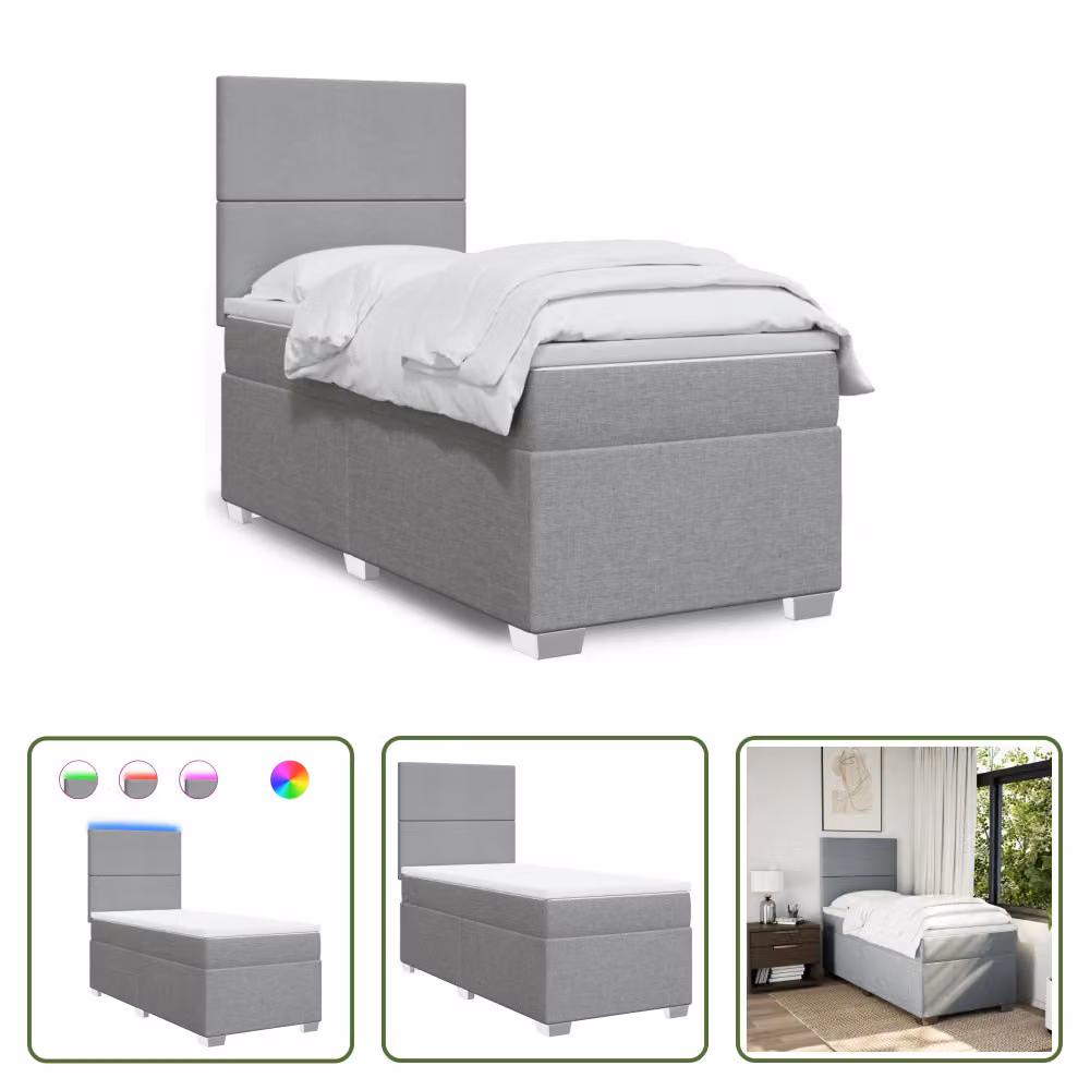 The Living Store Letto a molle con materasso grigio chiaro 90x190 cm in tessuto