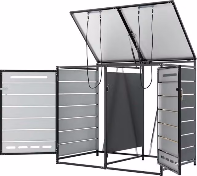 Copribidoni da giardino ventilato con coperchio idraulico, 2 vani e serrature in ferro nero 131 × 79 × 116 cm