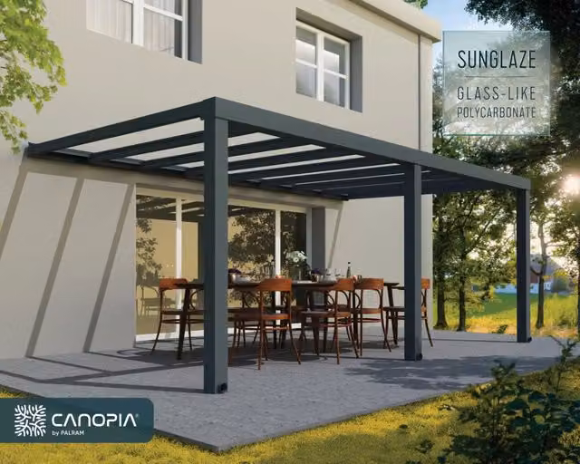 Pergola addossata in alluminio CANOPIA Premium Stockholm antracite con copertura in policarbonato trasparente L: 6 m, P: 3,4 m – 1