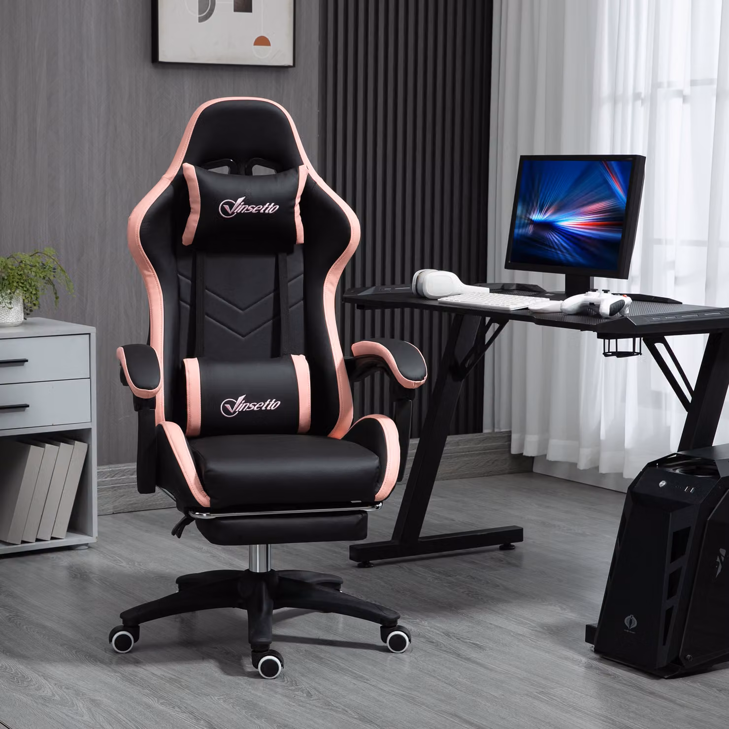 Sedia da gaming ergonomica Vinsetto con poggiatesta e poggiapiedi retrattile, reclinazione a 135 gradi e rotazione a 360 gradi, colore rosa e nero – 2