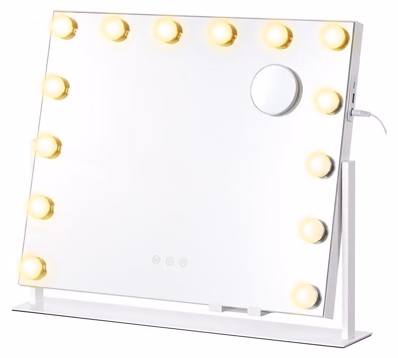 Specchio da trucco illuminato con 14 luci a LED | Bianco opaco | 55x10x45 cm