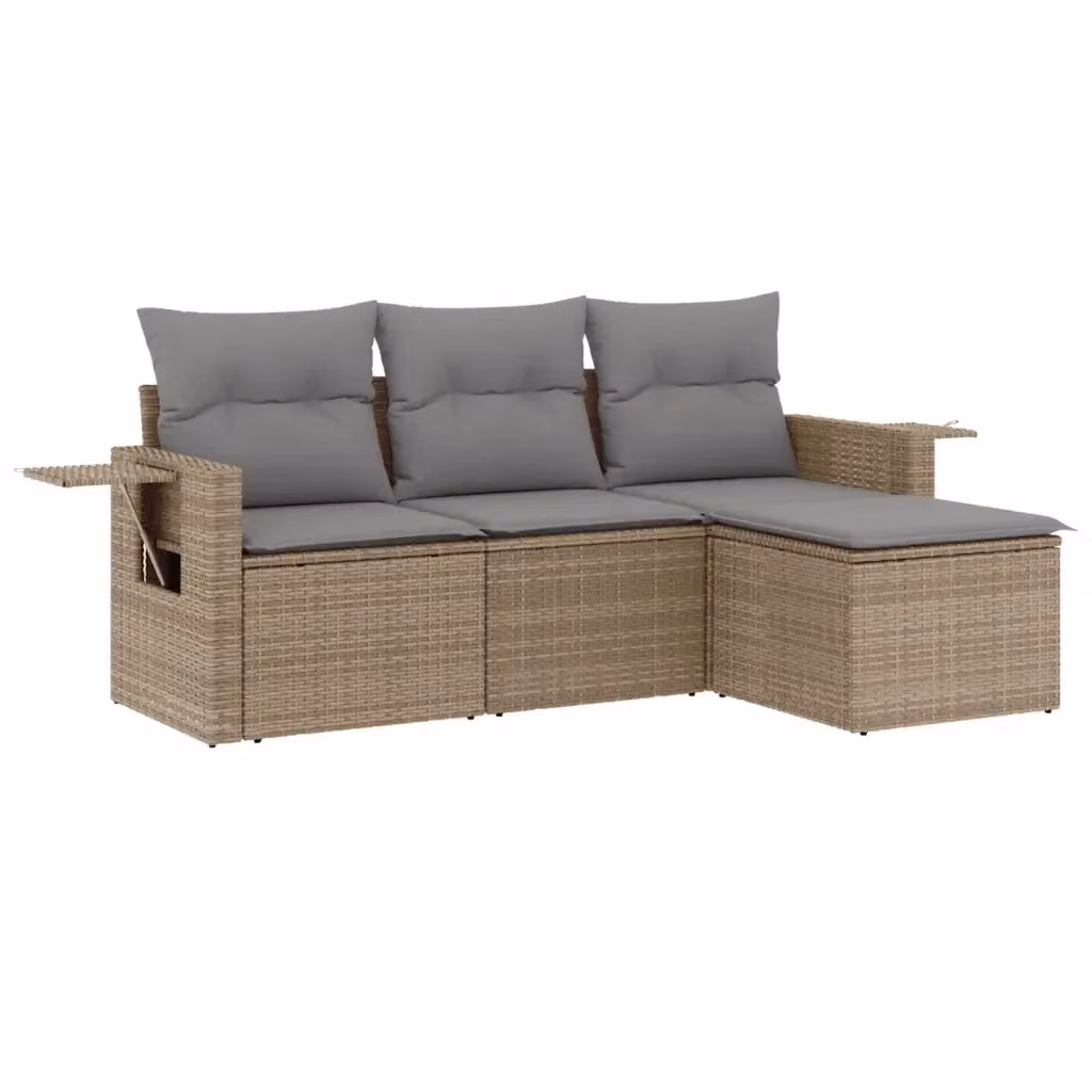 vidaXL Set Divano da Giardino 4 pz a L in Polyrattan Beige con Cuscini e Tavolino – 2