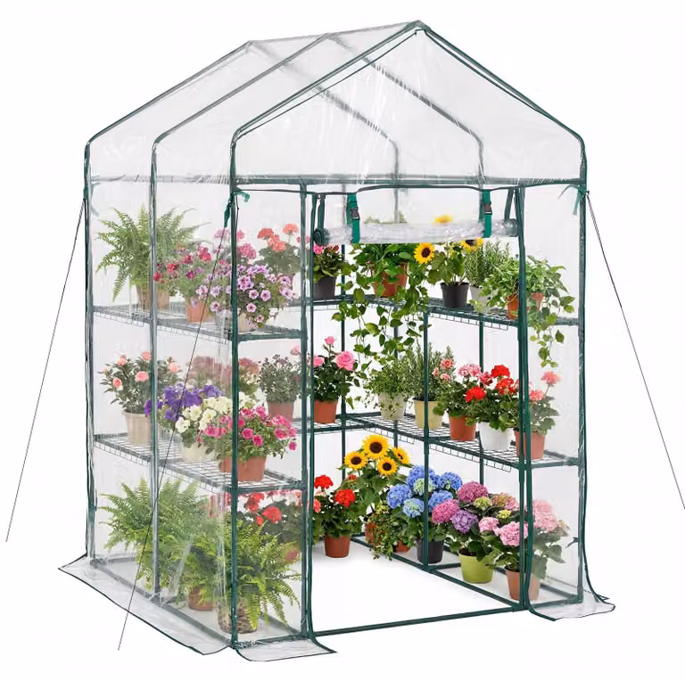 Serra - Serra tunnel per pomodori - 137 x 137 x 196 cm - Rivestimento in PVC - 10 ripiani - 2 livelli - Porta con cerniera a rullo - Per uso esterno