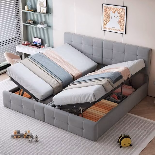 Letto matrimoniale imbottito 180 × 200 cm con vano contenitore idraulico in velluto grigio trasformabile in due letti