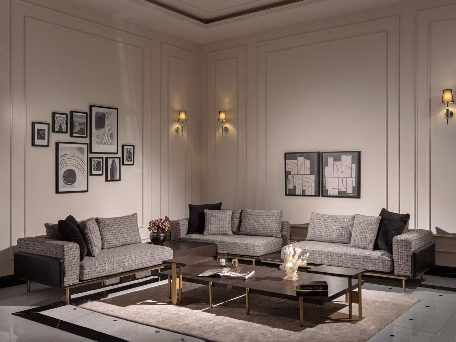 Wohnzimmer Garnitur Sofa Couchtische 5tlg Stoffsofa Grau Holz Set