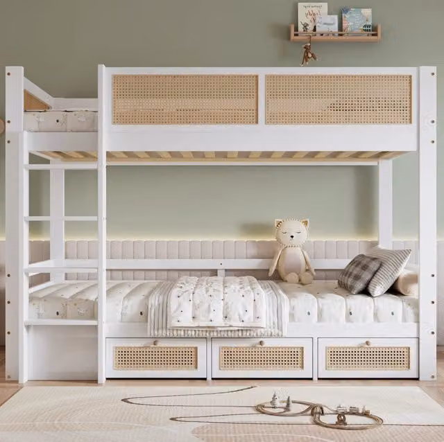 Letto a castello ULEVR 90x200 cm con 3 cassetti su ruote, scala a 4 gradini e sponde di sicurezza, bianco e naturale