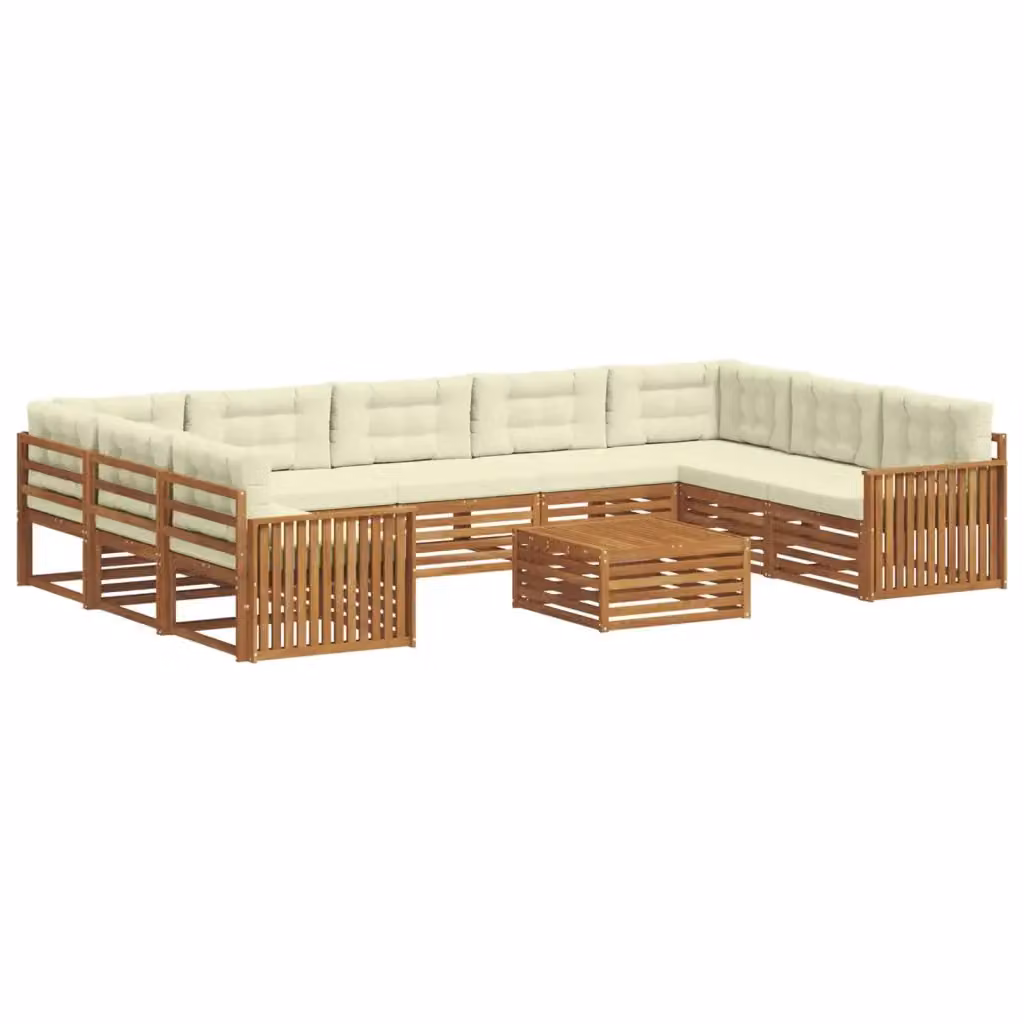 Set di divani da esterno a L vidaXL in legno di acacia con cuscini beige e bianco – 2