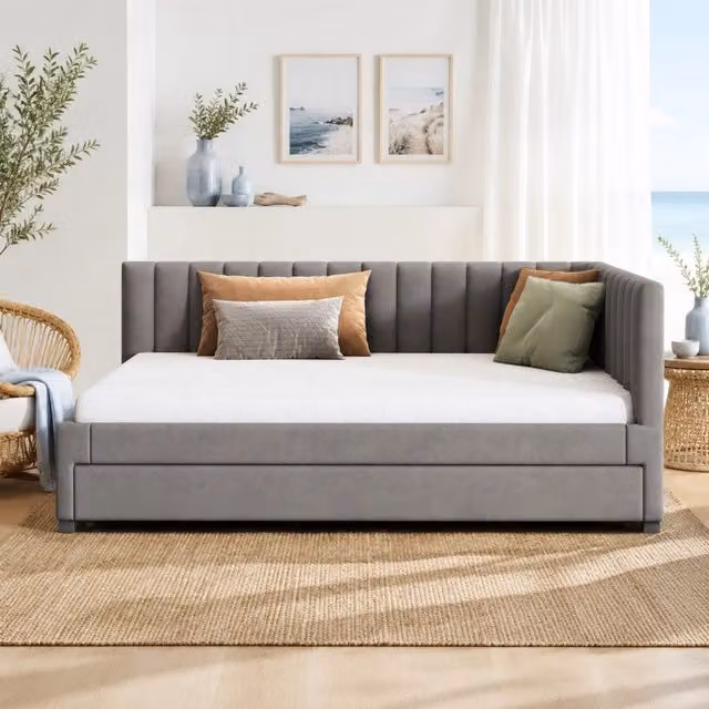 Letto Mivray con letto estraibile in velluto grigio e rete a doghe, L/P/H: 140 x 200 x 120 cm con secondo letto 90 x 190 cm