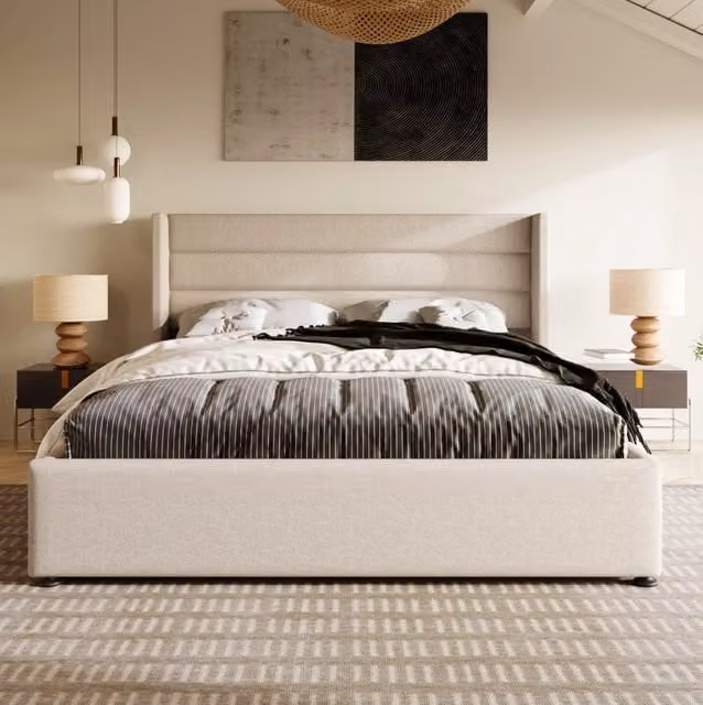 Letto matrimoniale contenitore MODFU con rete a doghe sollevabile in tessuto beige L/P: 180 x 200 cm