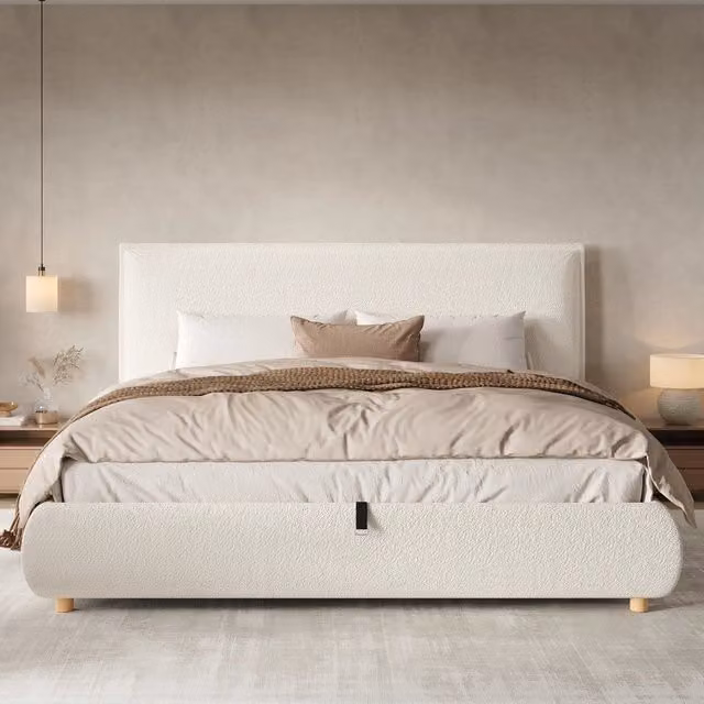 Letto contenitore matrimoniale 180×200 cm con rete sollevabile e testiera imbottita, senza materasso, bouclé bianco