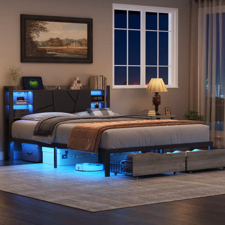 UnboxG letto imbottito 160x200cm letto contenitore letto in metallo con USB, letto matrimoniale letto giovanile con cassetti, letto in ferro letto funzionale con LED e rete a doghe, PU, nero