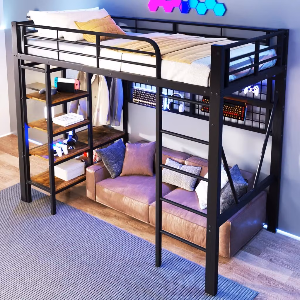 Letto a soppalco singolo REDOM in metallo e MDF nero con ripiani laterali L/P/H: 90 x 200 cm – 2