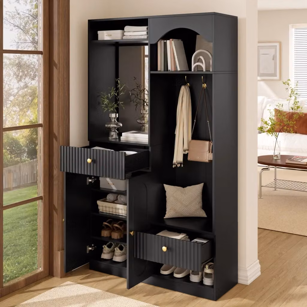 Set di mobili da ingresso moderno MIVRAY con specchio, panca e LED multicolore in MDF nero, L/P/H: 100 x 35 x 180 cm – 2