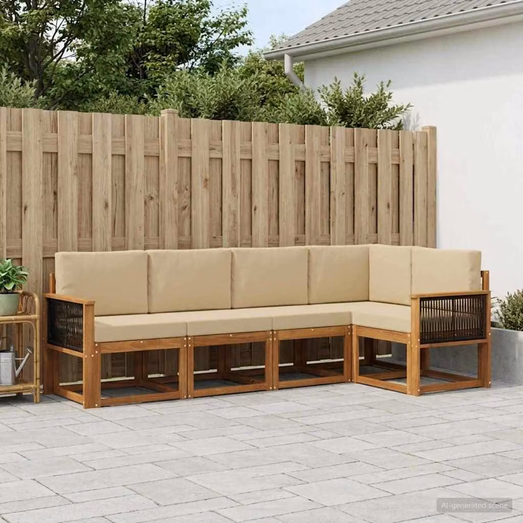 Set di divani da esterno vidaXL 5 pz a forma di L in legno di acacia con cuscini beige e marrone