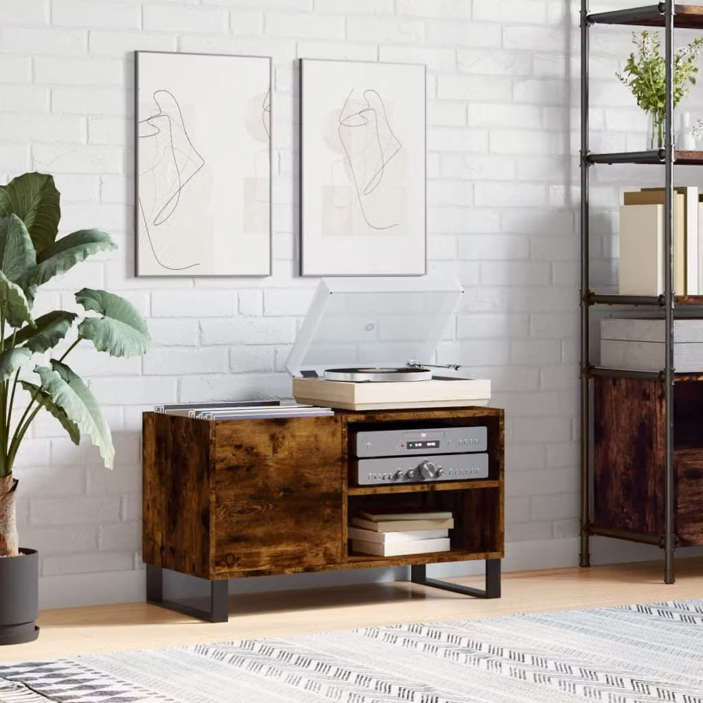 vidaXL Mobile Porta Dischi in Rovere Fumo e Legno Multistrato, Colore Marrone, L 85 cm x P 38 cm x H 48 cm
