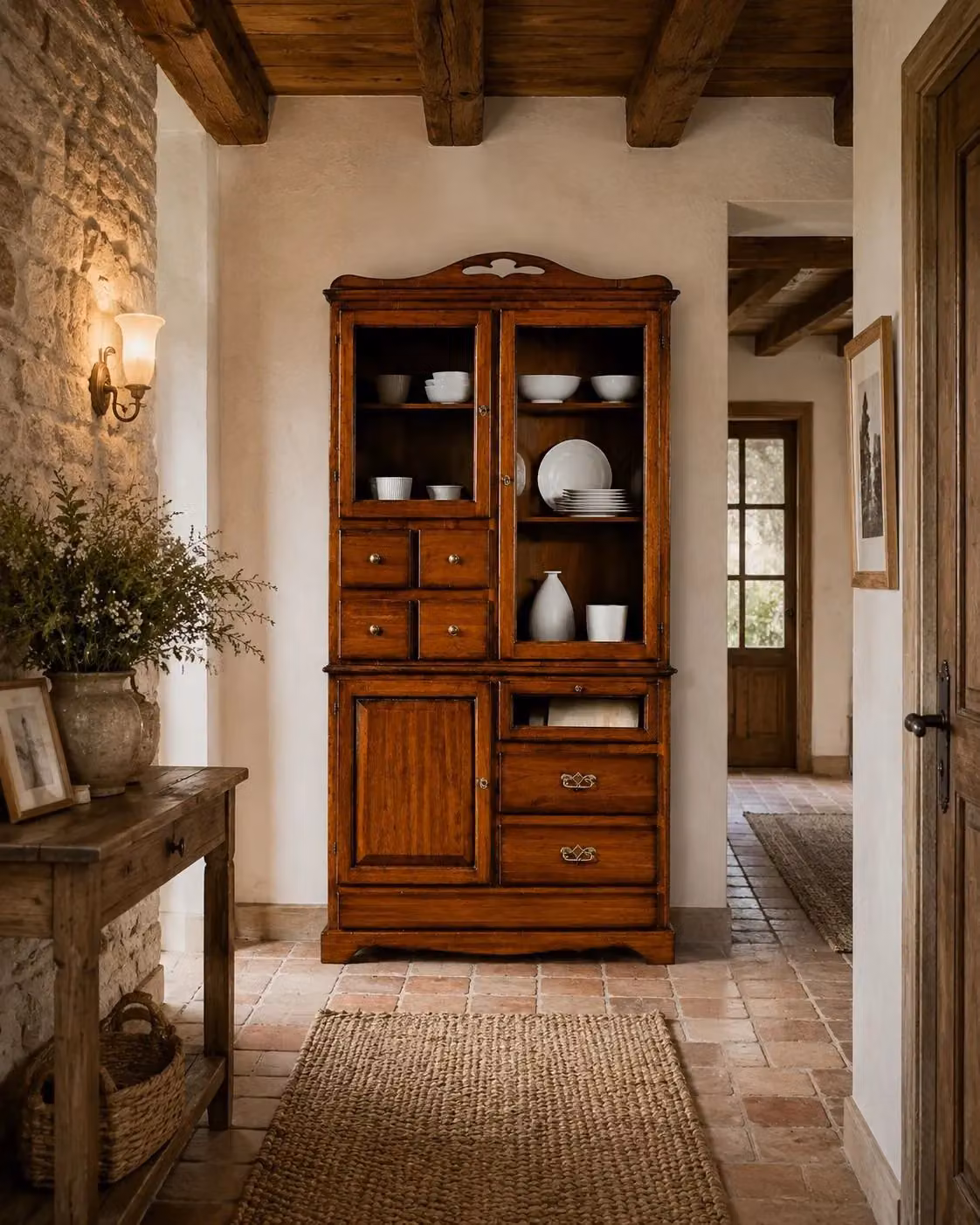 Dispensa arte povera in legno con ante in vetro Mobili 2G colore noce L 120 cm, P 52 cm, H 220 cm – 3