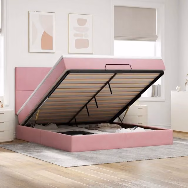 Letto con contenitore a sollevamento vidaXL in velluto rosa e bianco con illuminazione sottostante e porte USB L/P/H: 203 x 160 x 128 cm – 1