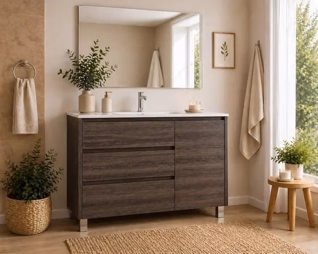 Mobile Bagno VOLUM Già Montato 3 cassetti e porta, lavabo e specchio Frassino tea 100x45 cm