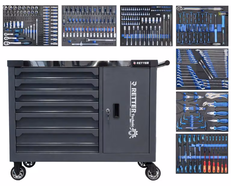 Carrello da officina RETTER RS7 402 pezzi - Carrello portautensili a 7 cassetti con piano di lavoro in acciaio inox, vano portaoggetti e guide a estrazione totale