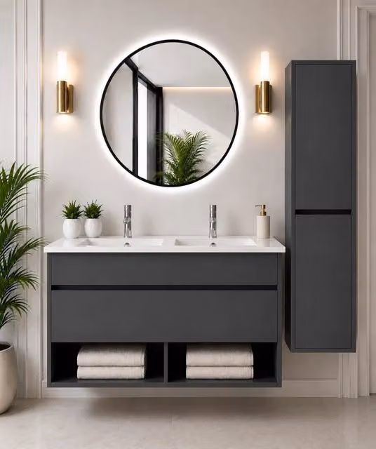 Mobile bagno sospeso con lavabo ORIGENBATH NEBARI con cassetto con colonna 120x45 cm doppio lavabo grafite con colonna