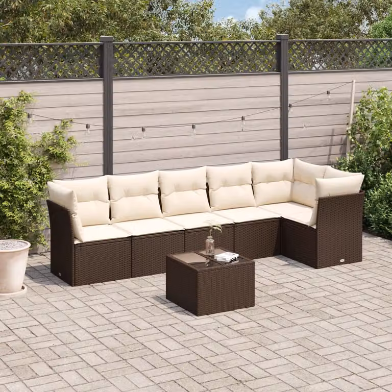 Set di divani da giardino vidaXL 7 pz in polyrattan marrone con cuscini e tavolino da esterno