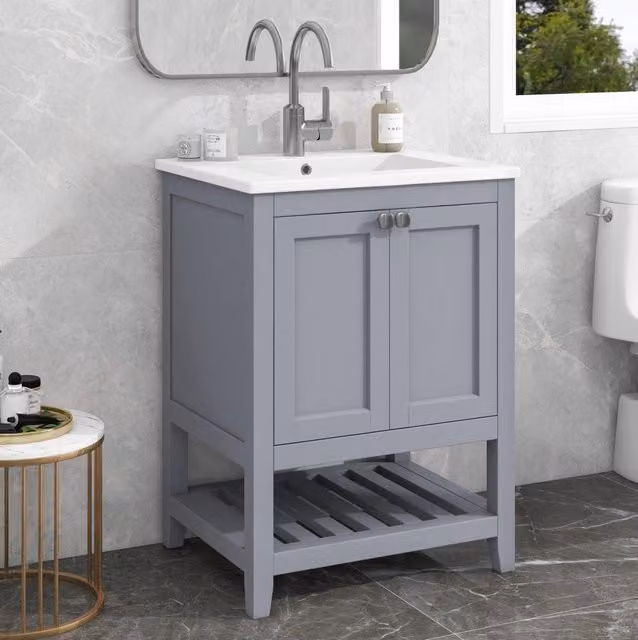 Mobile bagno ULEVR con lavabo in ceramica e base a pavimento, grigio chiaro e bianco