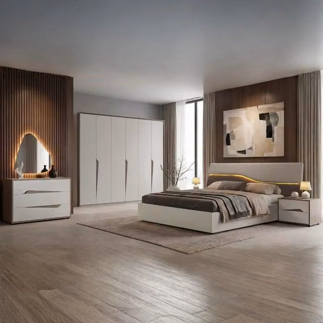 Completa la tua camera da letto con il set moderno Soleil di Effezeta Italia, composto da letto contenitore con base a sollevamento, armadio, cassettiera, comodini, specchio e illuminazione integrata, nei colori cashmere e olmo biscotto, dimensioni letto: – 1