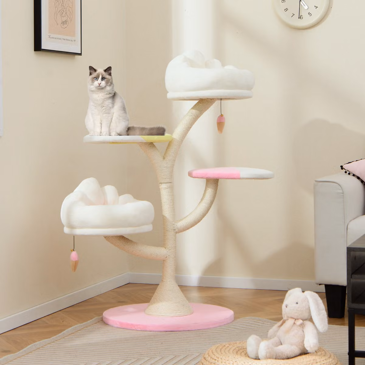 Albero per gatti Costway Rosa con 2 piattaforme, palline pendenti e tiragraffi in sisal