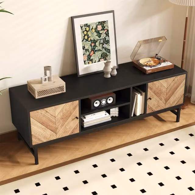 Mobile porta TV con 2 ante e 3 vani aperti in truciolare e ferro nero e naturale per soggiorno 150 × 38 × 50,5 cm