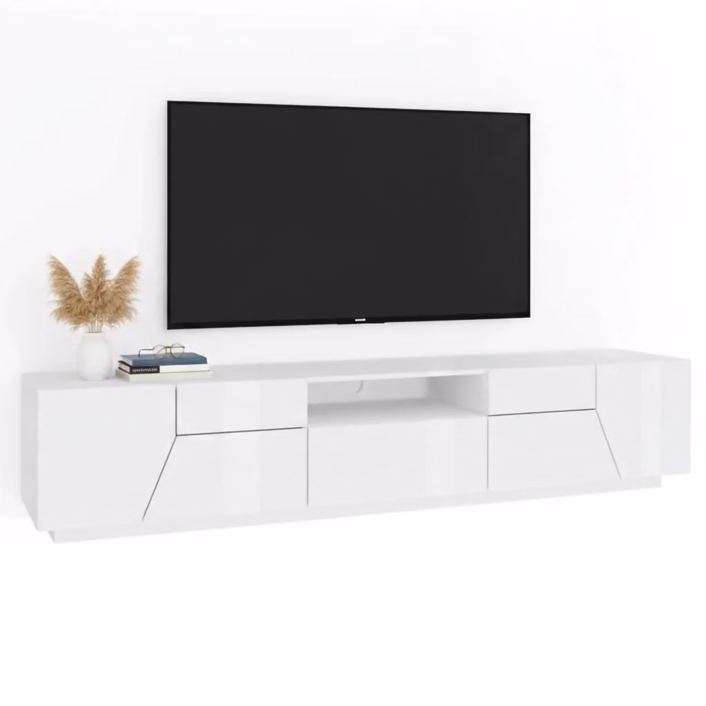 Credenza da soggiorno DMORA Porta Animai in legno bianco lucido con 4 ante geometriche e 1 cassetto, L: 220 cm, H: 43 cm, P: 46 cm – 2