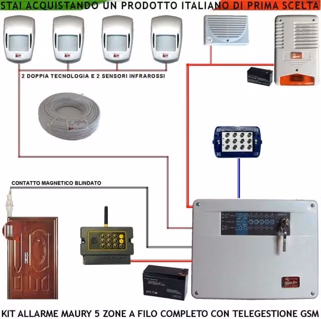 Kit Impianto Antifurto Maury Diana 5 Zone con 2 Infrarossi, 2 Contatti Magnetici, Chiamata GSM, Telegestione, Sirene Interne ed Esterne Lampeggianti e Tastiera Bianca con 100 MT di Cavo 2+4