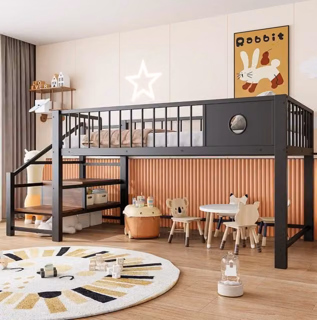Letto a soppalco basso 90x200 cm con scala contenitore e spazio sottoletto nero