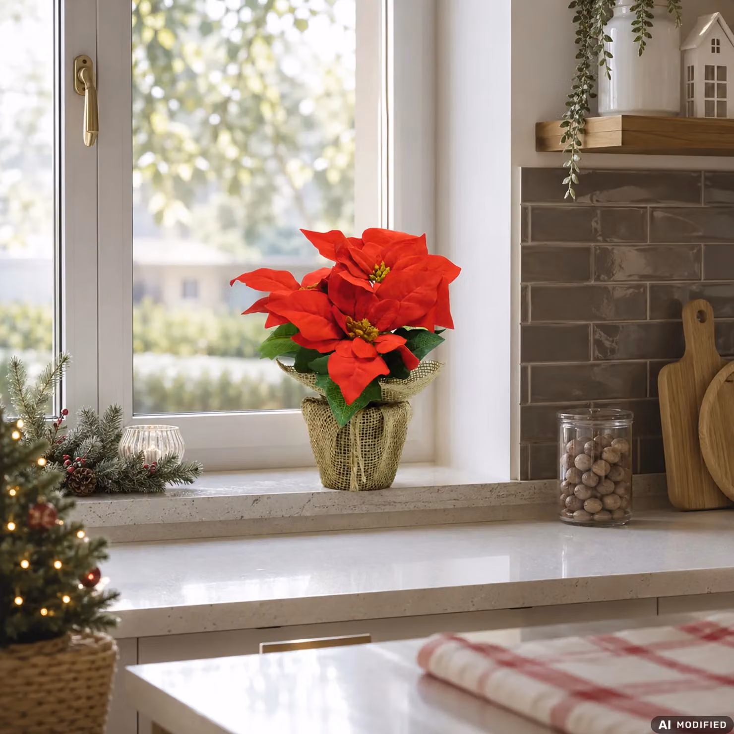 Pianta Natalizia Artificiale Stella di Natale Decorativa in Vaso VESTIAMO CASA, Colore Rosso e Verde, Altezza: 24 cm – 2