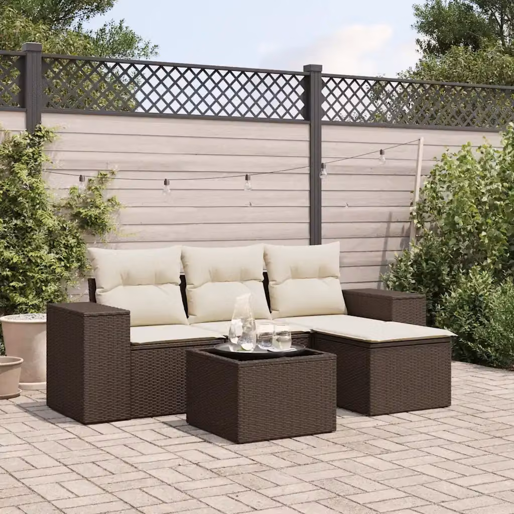 Set Divano da Giardino a L DESIGN IN composto da 5 pezzi in Polyrattan Marrone e Bianco con Cuscini e Tavolino da Caffè – 2