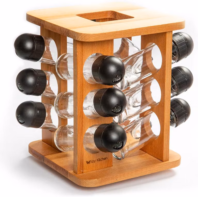 Set di scaffali in legno per erbe aromatiche, con 12 contenitori in vetro, dimensioni 160 x 115 x 245 mm, ideale per la cucina