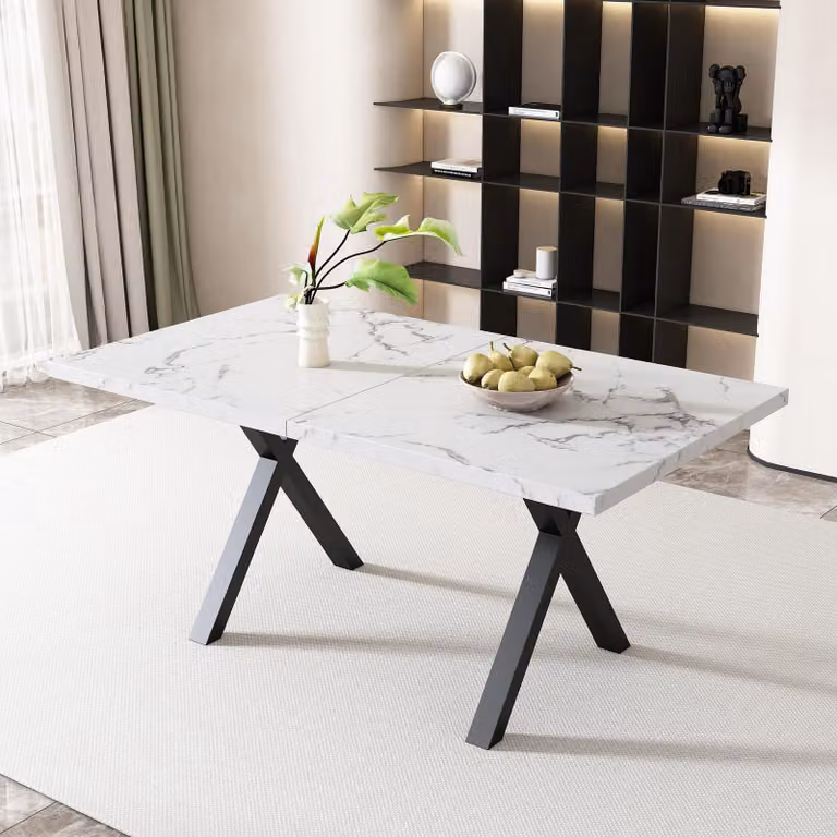 Tavolo da pranzo STILVORA con gambe incrociate, tavolo da cucina rettangolare in ferro battuto, tavolino ausiliario salvaspazio in MDF, bianco