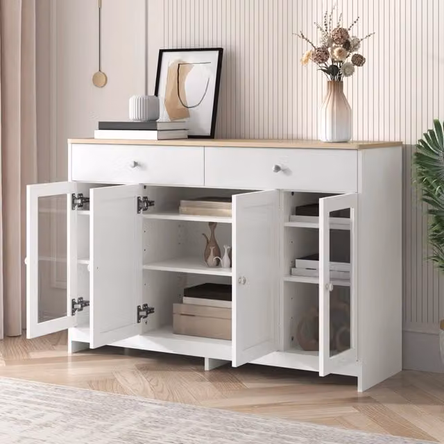 Credenza con 4 ante, 2 cassetti e ripiani regolabili, stile rustico, per cucina e soggiorno, bianco e legno, in MDF