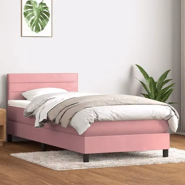 Letto con Giroletto a Molle e Materasso Ibrido vidaXL in Velluto Rosa e Bianco L: 80 cm, P: 223 cm, H: 151 cm