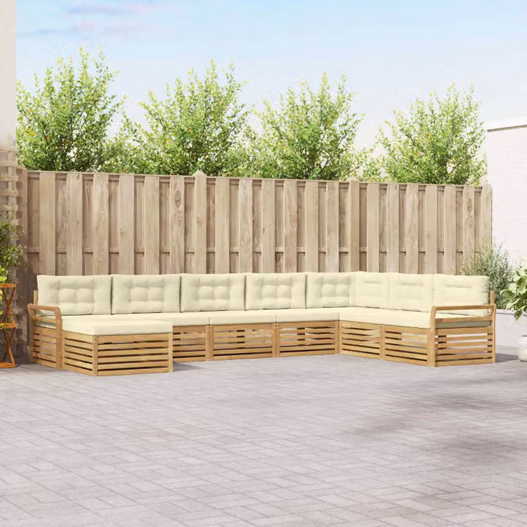 Set di divani da esterno a L vidaXL in legno di acacia con 8 pezzi, colore bianco e beige