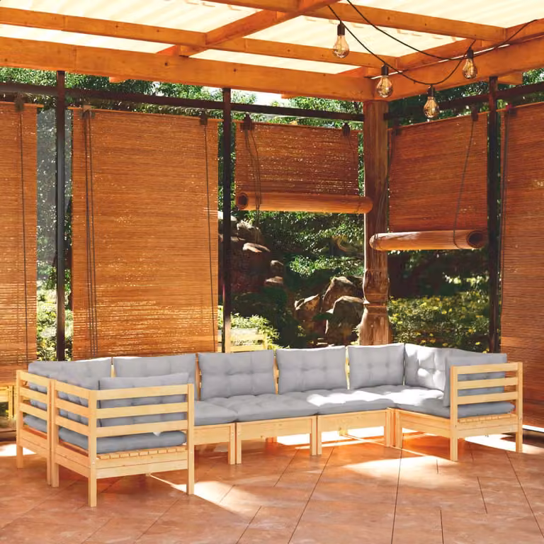 The Living Store Set da salotto da giardino 7 pezzi con cuscini grigi in legno di pino