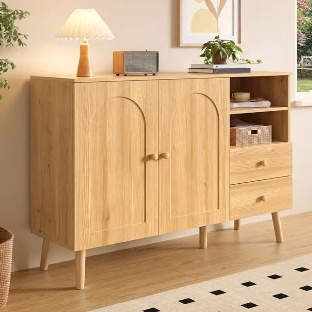Credenza moderna in MDF e legno color beige per soggiorno e sala da pranzo L: 10d cm, P: 35 cm, H: 82 cm