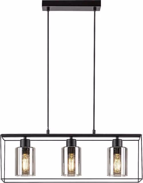 Lampada a sospensione Rabalux Chadwick in metallo e vetro nera con diffusore fumé, 3xE27, H: 120 cm, L: 19 cm, P: 60 cm