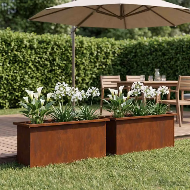 Set di 2 fioriere da giardino con LED vidaXL in acciaio, colore marrone, L 100 x P 30 x H 30 cm
