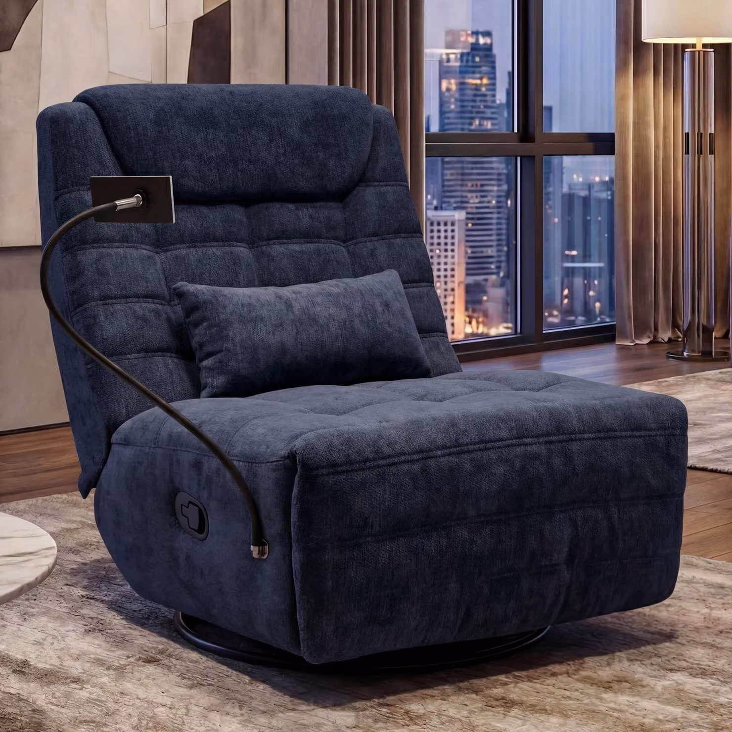 Poltrona relax MCW-P92, poltrona TV, girevole, funzione reclinabile, supporto per cellulare, tessuto ciniglia (260 g/m²) ~ blu