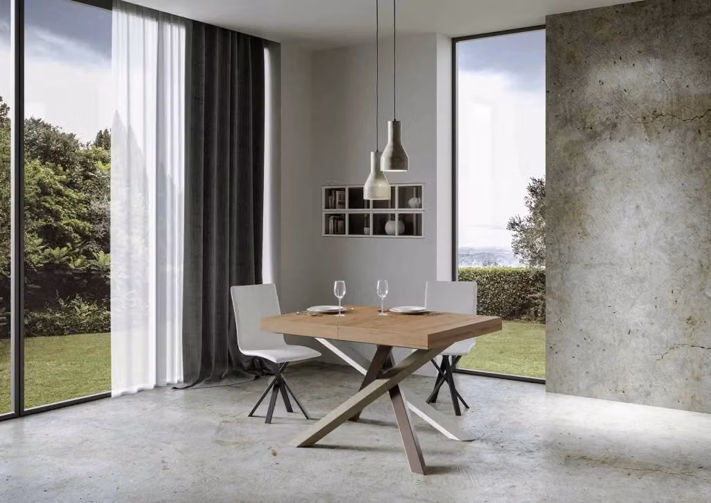 Tavolo allungabile moderno Bs Com in finitura quercia naturale e marrone con telaio a X in metallo L/P/H: 130 x 90 x 77 cm, estensibile fino a 234 cm – 2