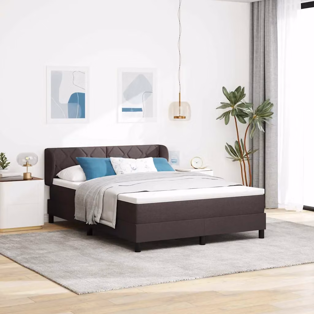 Letto a molle con testiera vidaXL in tessuto marrone scuro e legno, L/P/H: 160 x 200 x 103 cm