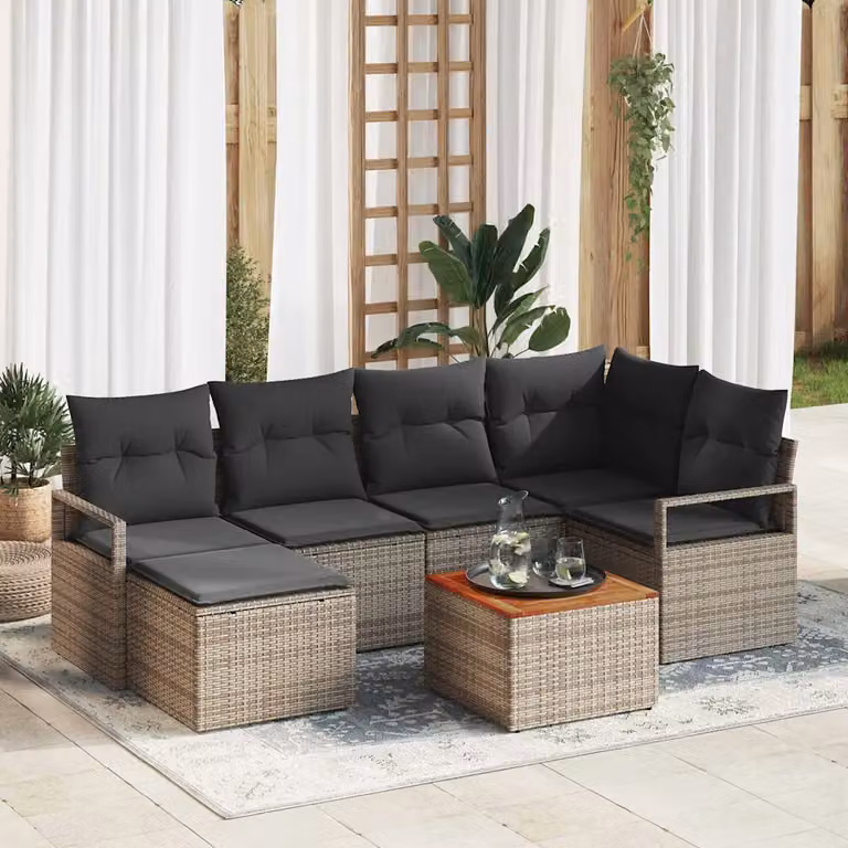 Set Divano da Giardino Moderno vidaXL 7 Pezzi in Polyrattan Grigio con Cuscini e Tavolino