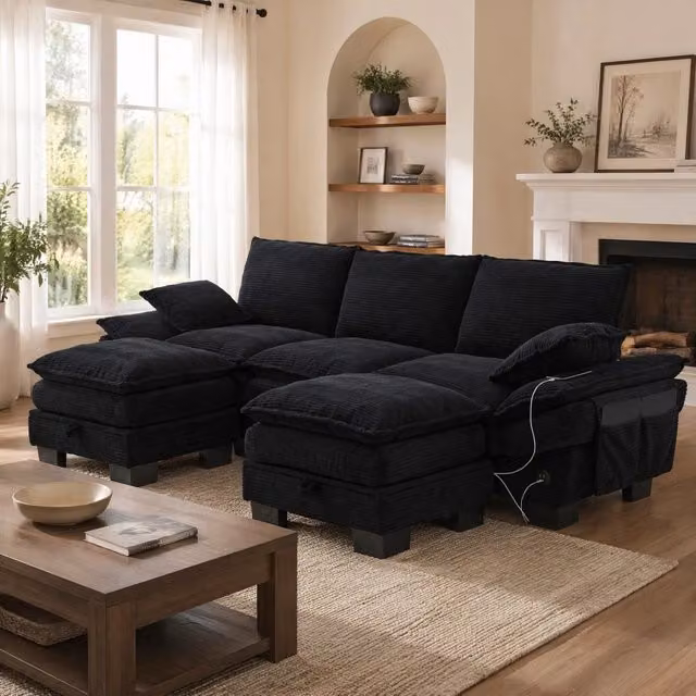 Divano Modulare 3 Posti REDOM in Velluto a Costine Nero con 2 Pouf e Ricarica USB L/P/H: 260 x 132 x 84 cm